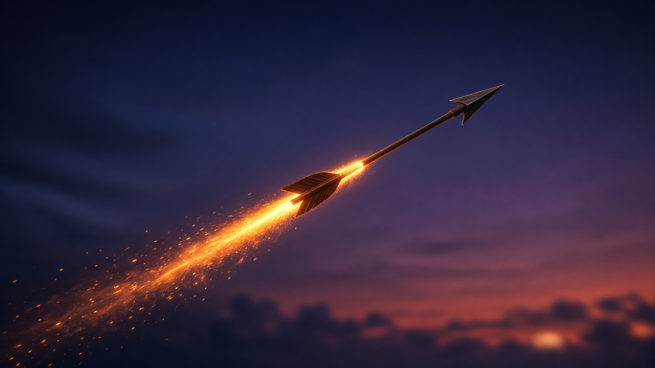 Single burning arrow in flight against twilight sky with trail of golden fire