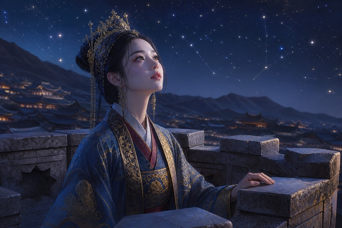 Queen Sunduk on a stone balcony looking up at the stars near Cheomseongdae