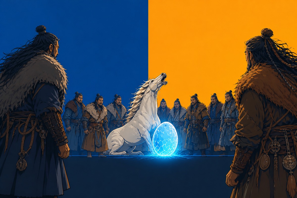 Six chiefs in a circle around a glowing blue egg and white horse — cool blue versus warm gold