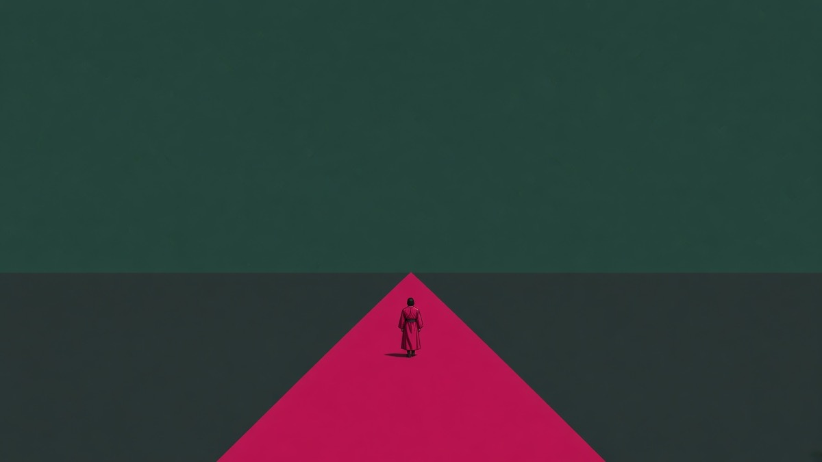 Tiny Chunchu walks alone into a magenta underworld road — monumental emptiness, no escort