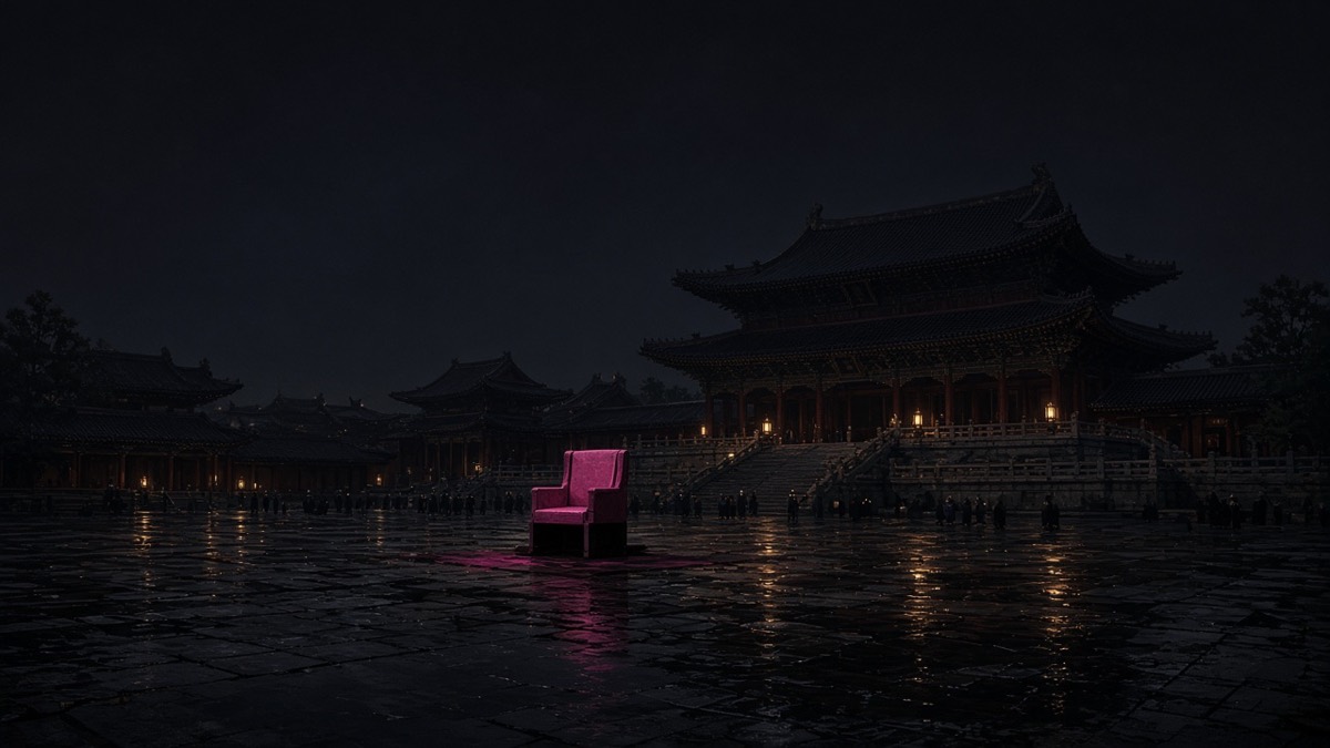 Wide empty Seorabeol night: one magenta #D8258C empty-chair plane