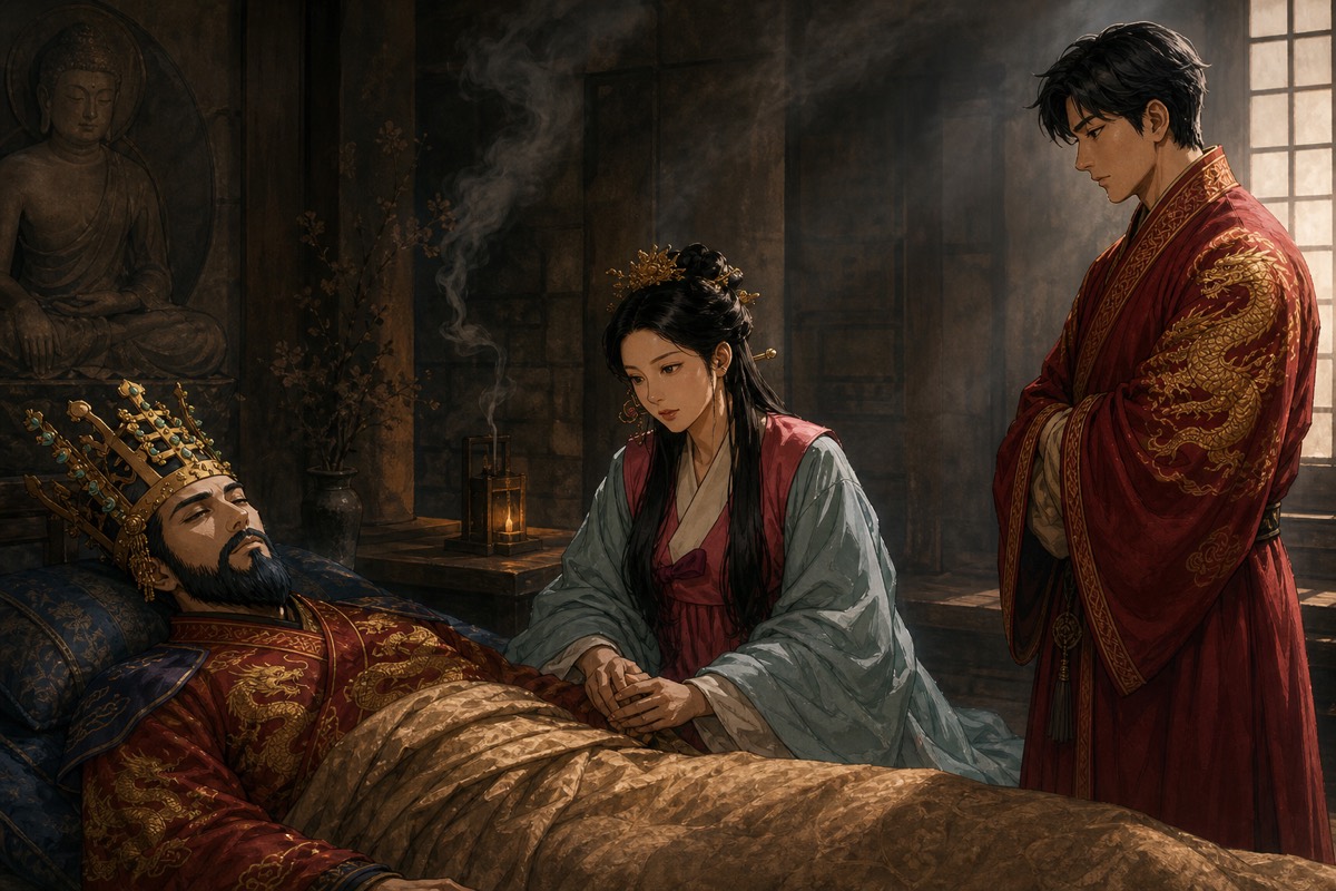 Munhee at the dying Chunchu's bedside in the quiet temple, their son standing at the foot of the bed