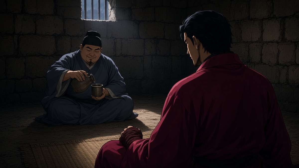 Pyongyang cell: Seon Dohae pours wine under the barred window, Chunchu in the foreground with his bandaged left hand, listening