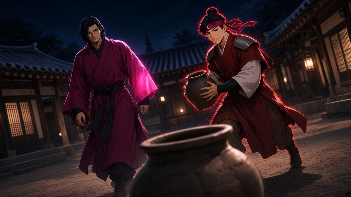 Chunchu mid-stride in the Moon Palace, magenta rim, sending twenty-one-year-old Bupmin with a jar