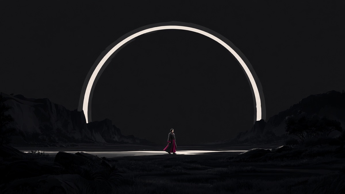A broken arc of pale underworld light; tiny Chunchu walks through it alone, magenta hem