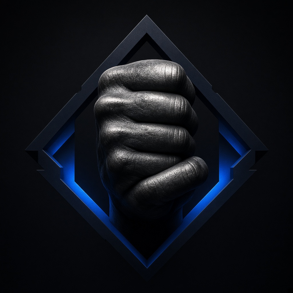 Closed fist symbol with Silla blue accent — grip on power visualized