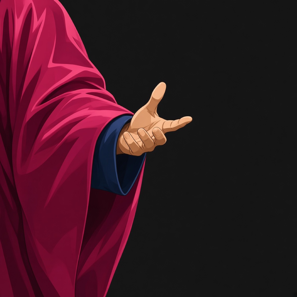 Chunchu’s magenta silk sleeve and open hand as a hard plane; navy cuff; empty black right half