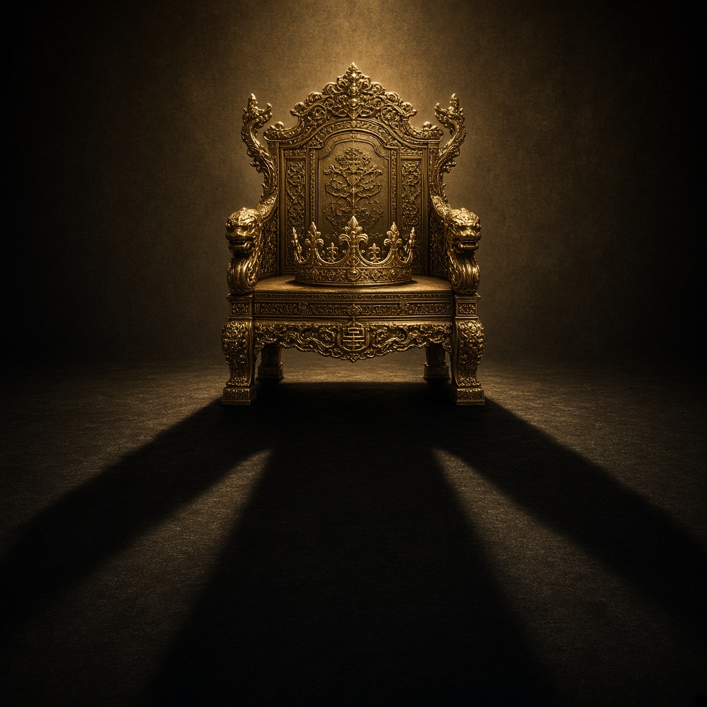 Empty throne with crown casting long shadow — power felt even in absence
