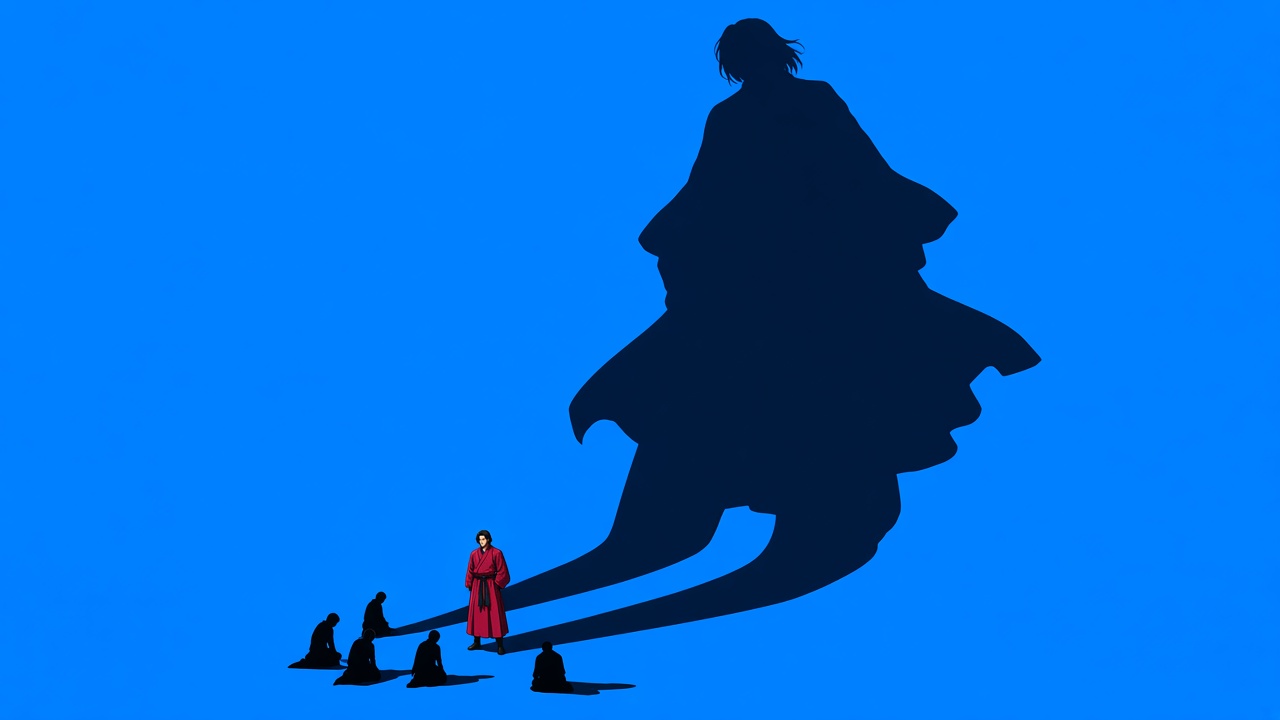 Chunchu's shadow growing larger over kneeling figures — power symbolized through scale
