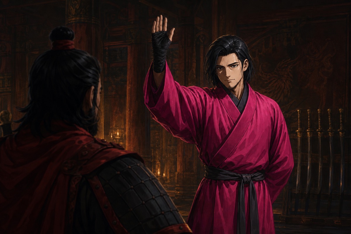 Chunchu driving a short blade through his own left hand before Yeon, raising the wound like a seal