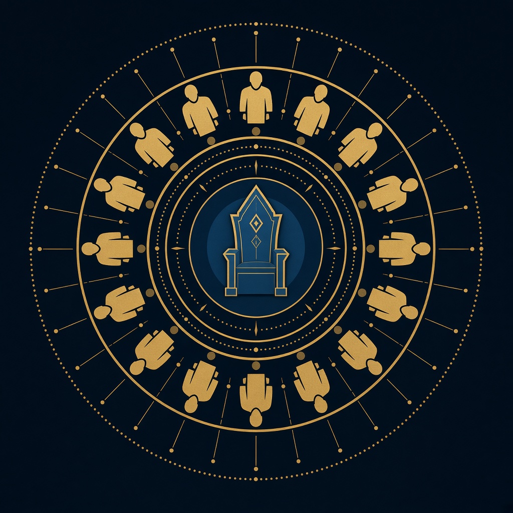 Ring of ministers surrounding throne, all facing center — power flows to one point