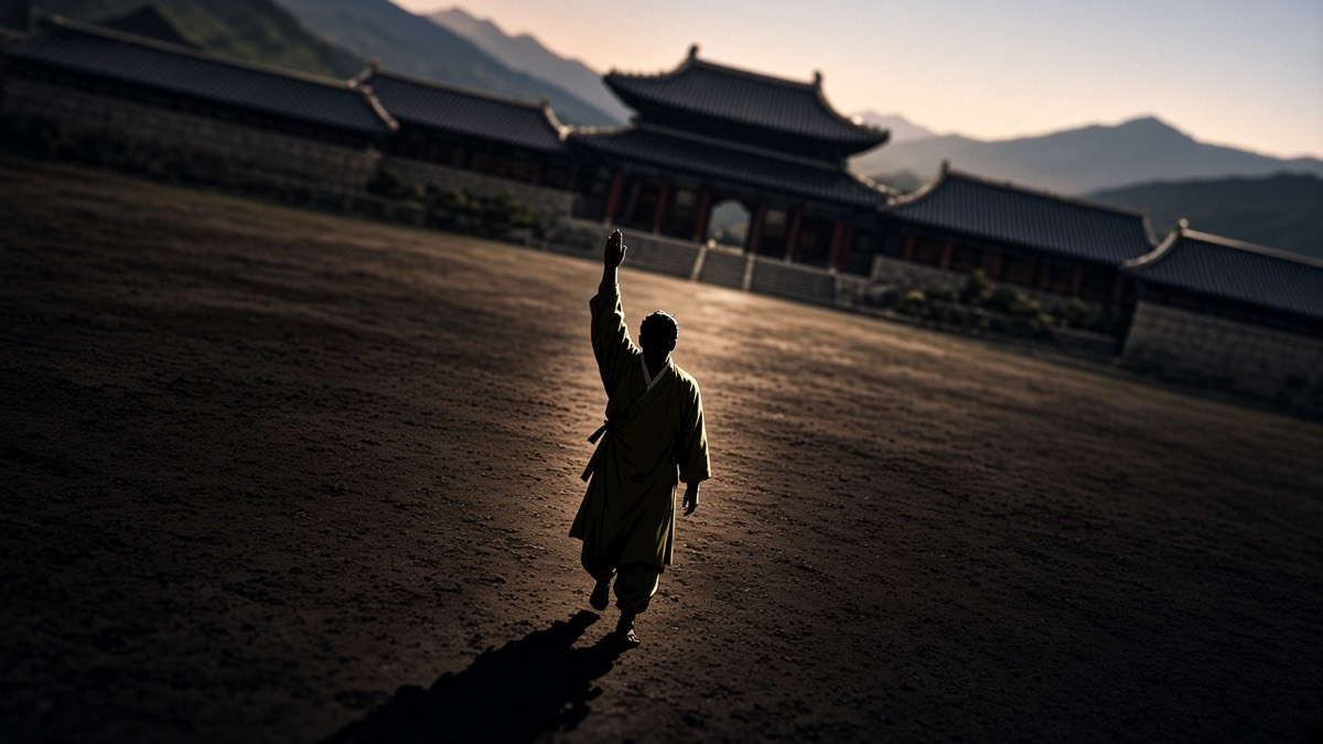Dutch: one Guk man in an empty Sabi earth yard, hand raised in an oath