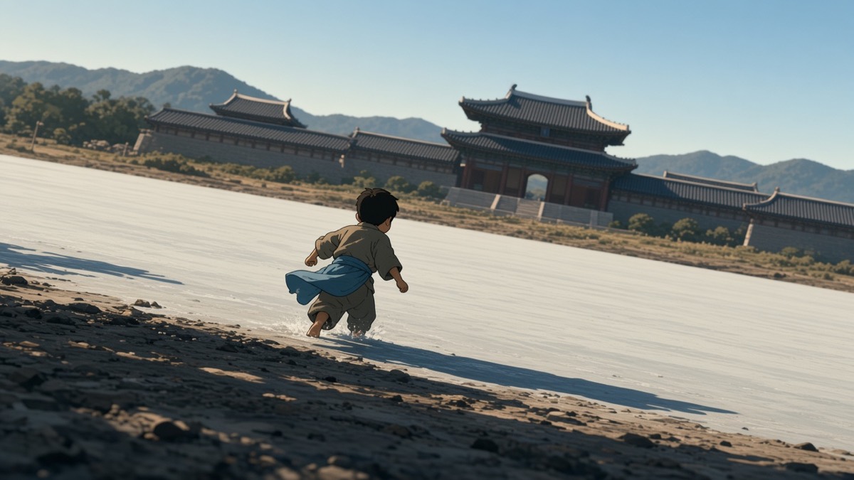 Dutch: one boy waist-deep in the White River below Sabi — empty pale river plane