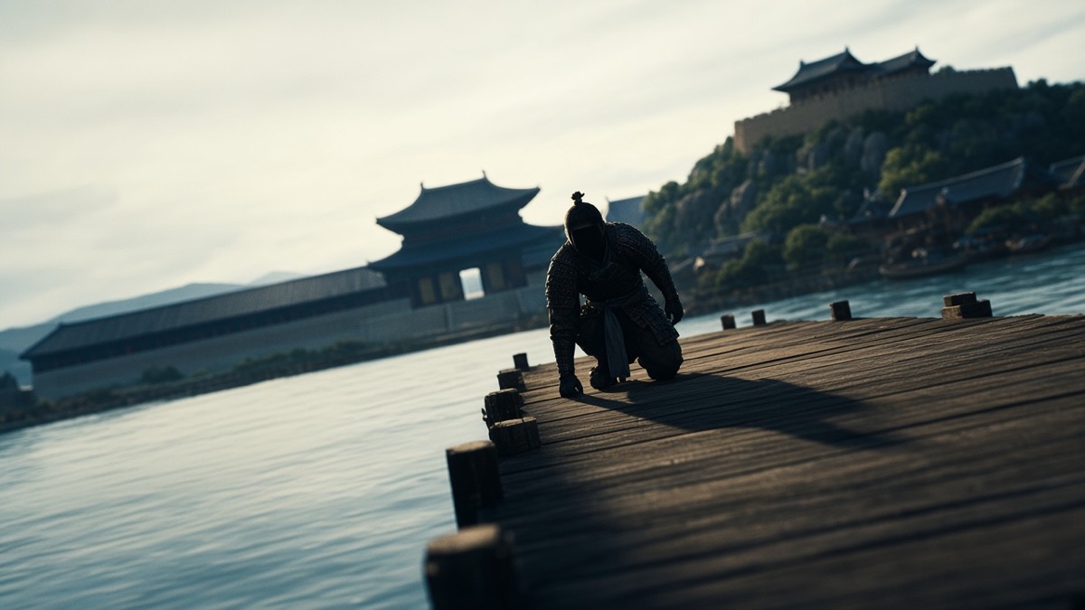 Dutch: one Mokli figure on an empty eastern timber pier looking across the water