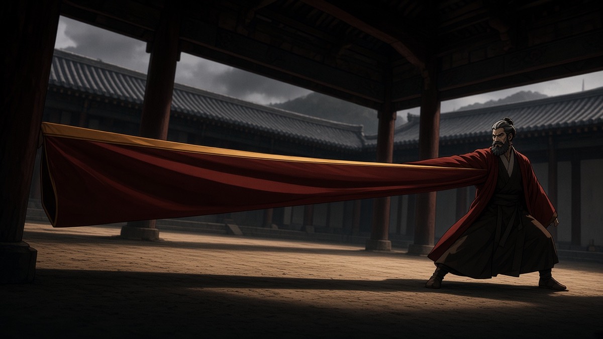 Dutch: Elder Satek at the edge of an empty Sabi hall — empty king’s sleeve as a horizontal cloth