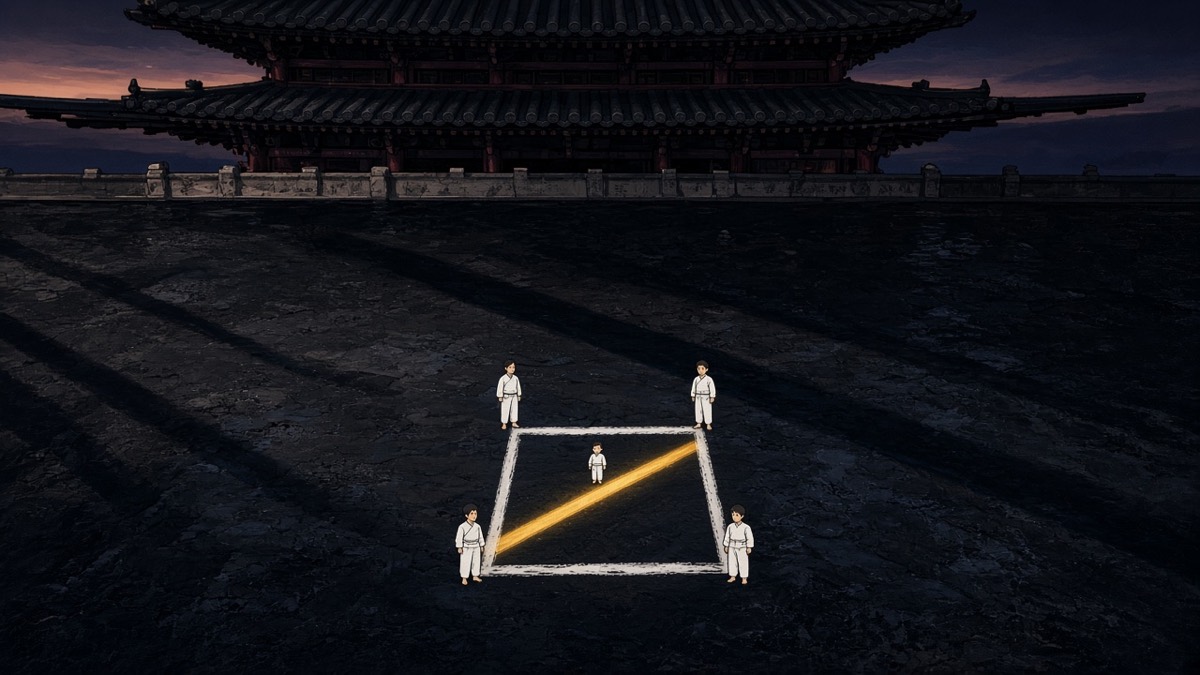 Bird’s-eye dutch: square chalk-grid tournament court in Sabi palace courtyard — white-clad youth tiny at center, giwa halls around