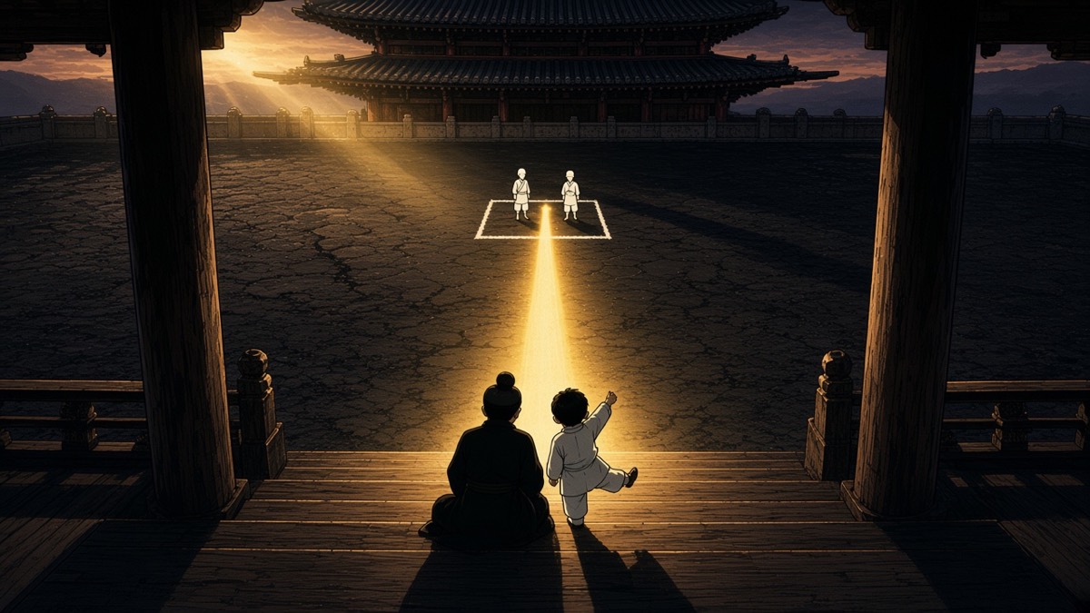 Crane: tiny elder spectators on Sabi hall steps; white fighters small on the distant grid