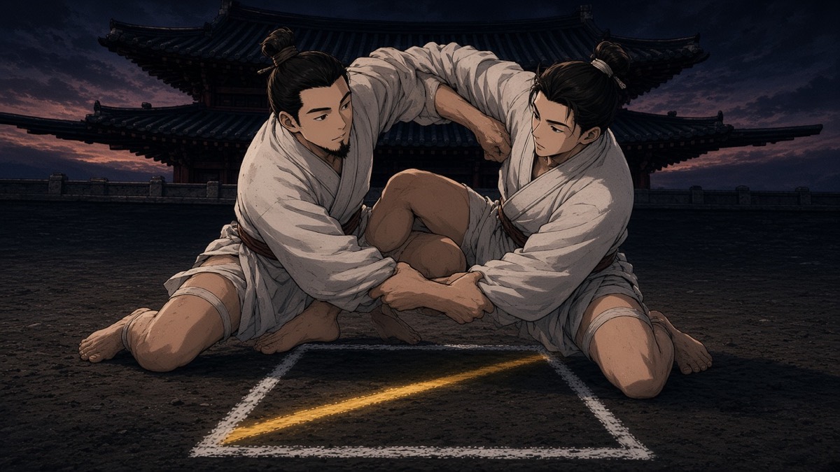 Dutch close: two white-clad youth kneeling baro japki — equal satba belt grip on sand patch inside the grid
