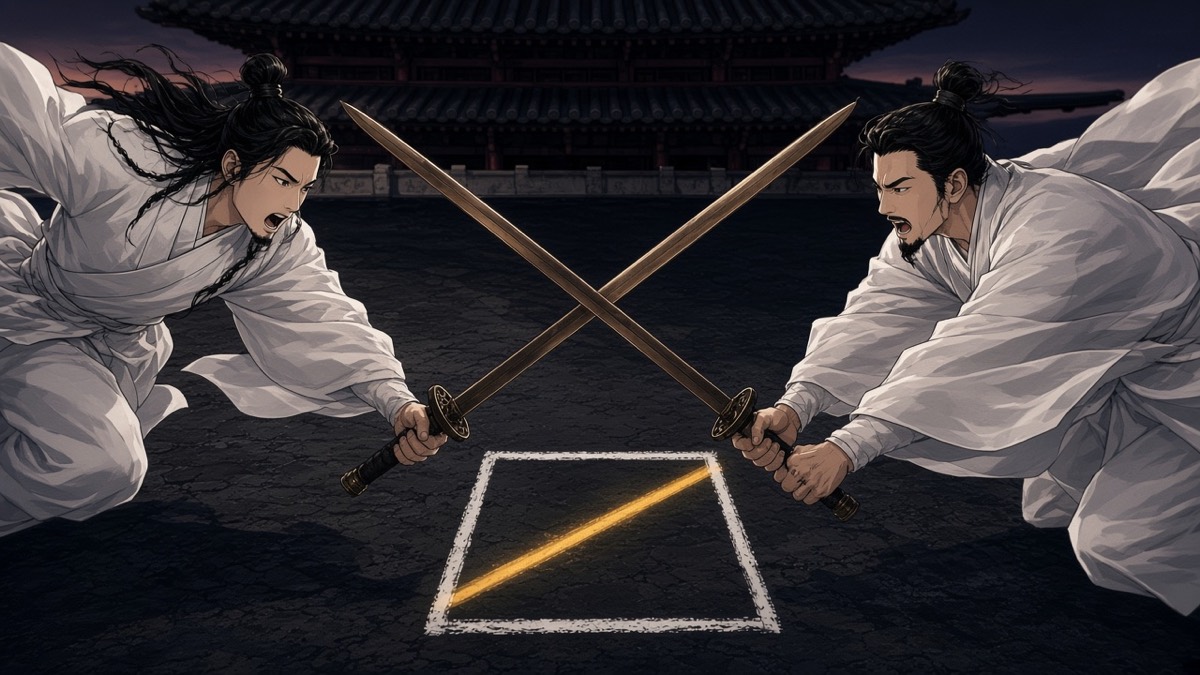 Worm’s-eye: two white-clad clan youth — overhead sangdanse cut clashing mid-strike on the square grid