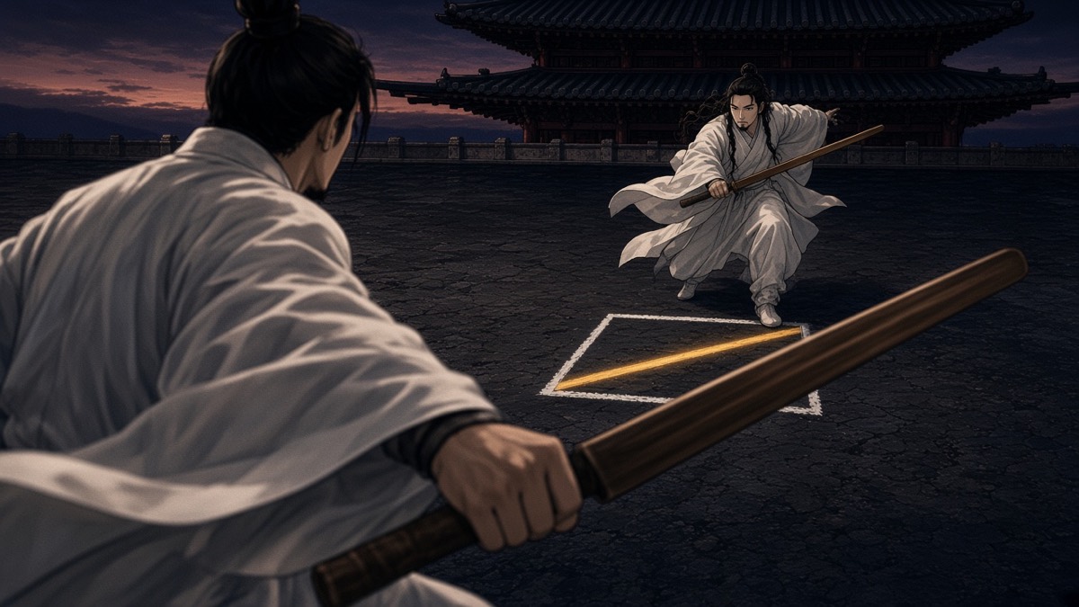 Over-shoulder: one swordsman’s back in white; opponent lunging on the grid beyond