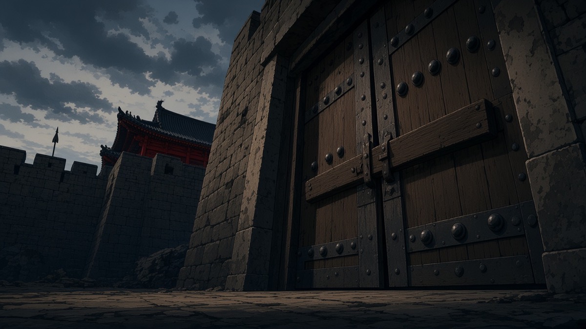 Worm’s-eye: barred Pyongyang embassy timber doors under red munru — banners replace silk