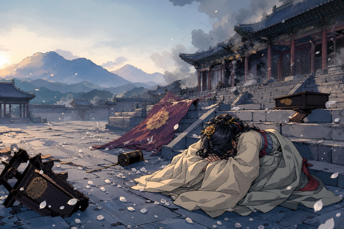 Court women collapsed in mourning at the Flower Cliffs above the water