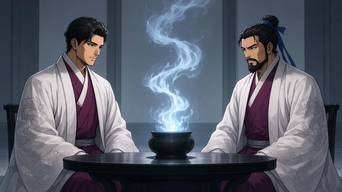 Bidam and Yushin across the black table, blue flame between them, same white dragon-coats
