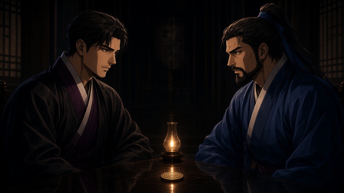 Bidam and Yushin across the dark council table, one lamp between them