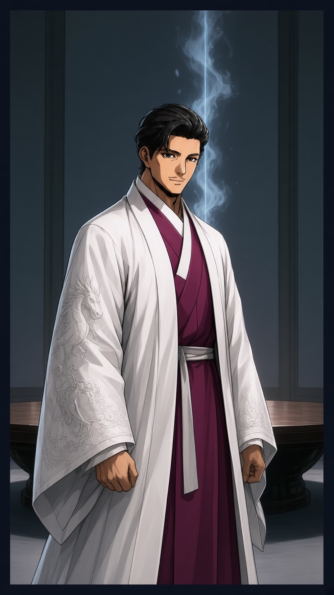 Bidam stands — magenta inner, white dragon overcoat, blue flame shaft behind him