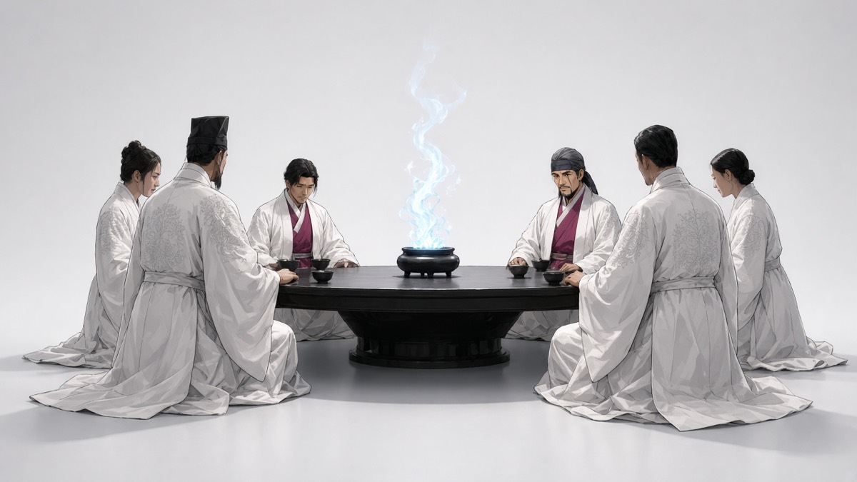 Harmony Council pale void: black oval table, blue flame at center, six white dragon-coats over magenta