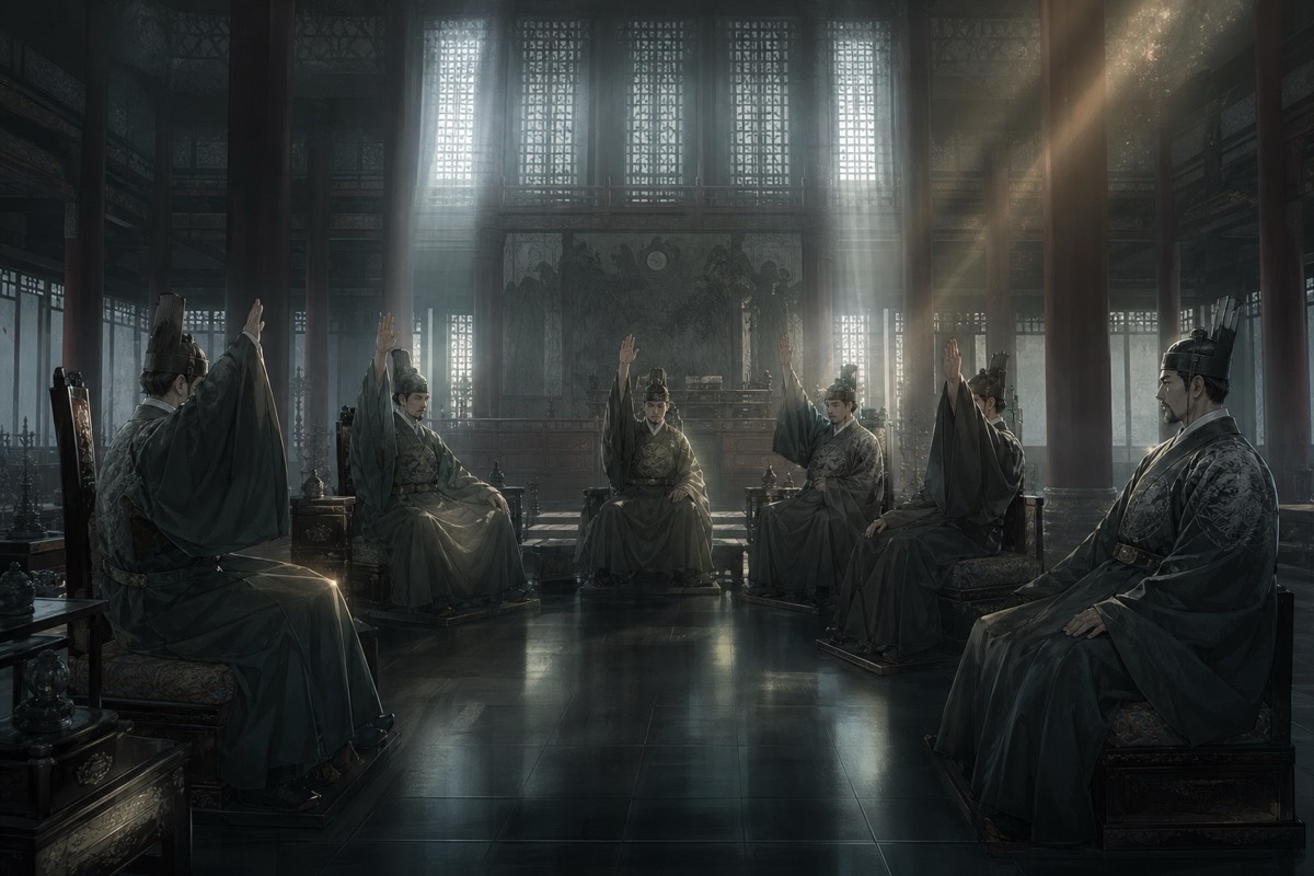 The great councillors of the Harmony Council weigh the succession in session