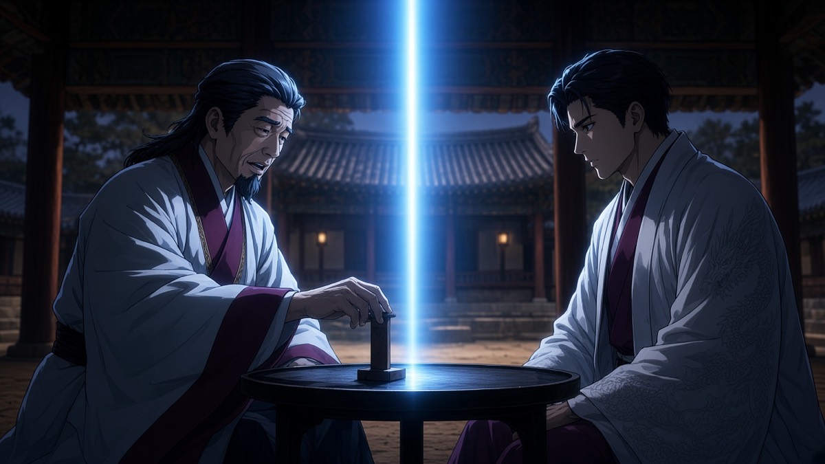 Table-rim close: blue flame on the black disc, Bidam and Euljé in white dragon-coats over magenta