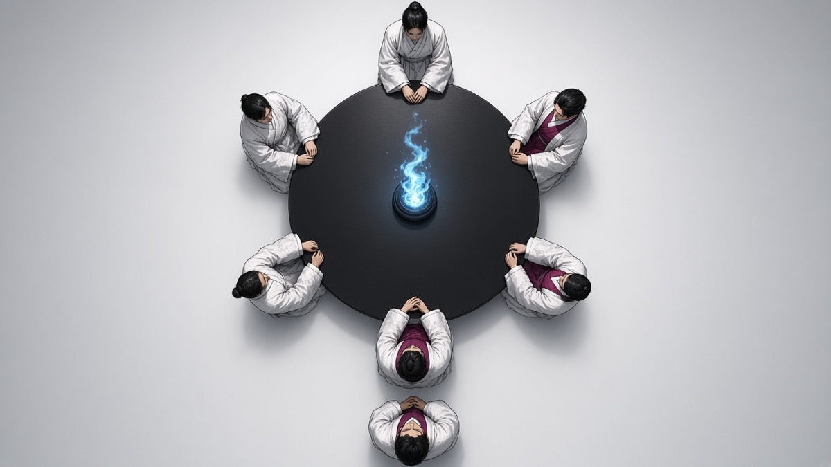 Overhead stamp: black oval table, blue flame at center, white dragon-coat sleeves in a ring