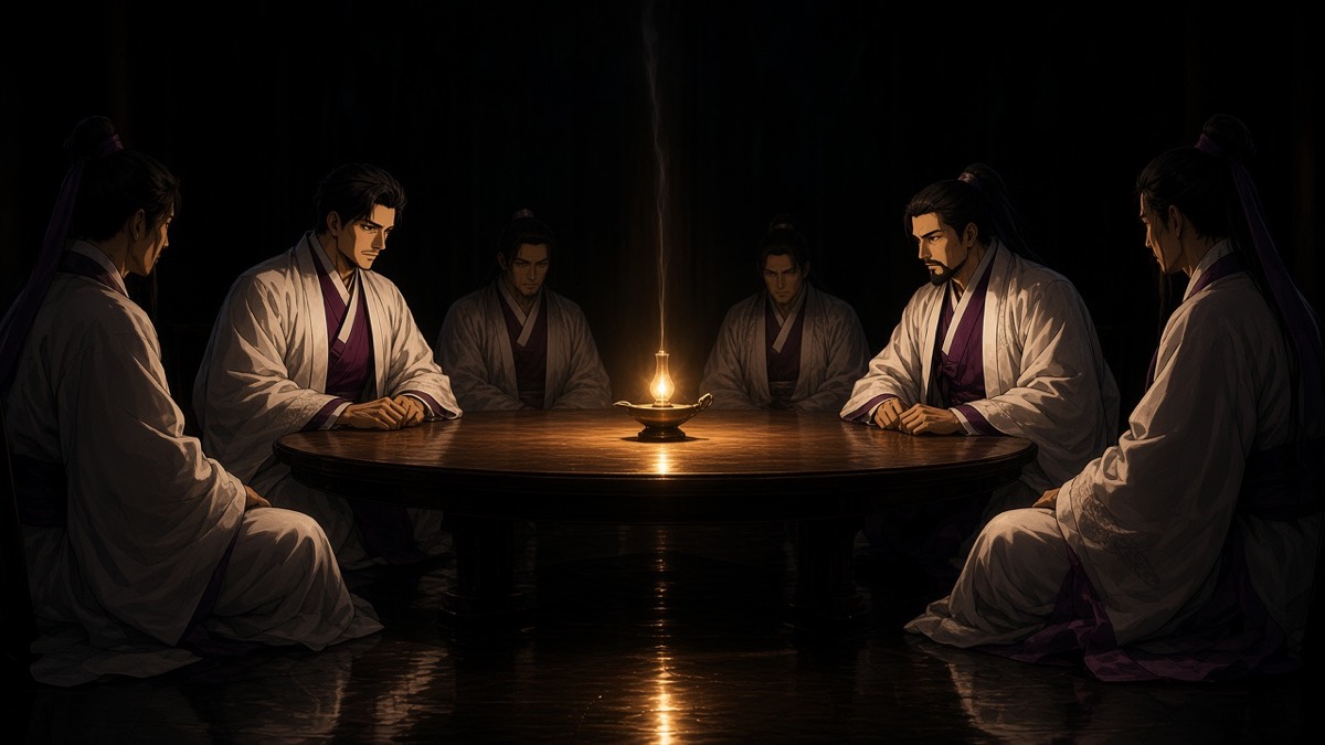 Night Harmony Council: one lamp on a round table, six sleeves in smoke — a hung jury in silk