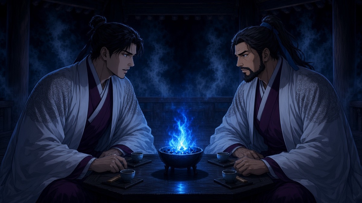 Bidam and Yushin across the same table, tea and pieces, piercing blue