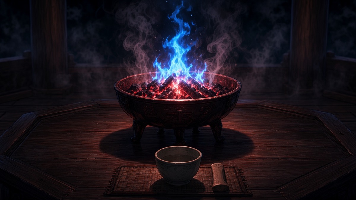 Brazier close: red coals, piercing blue tongue, tea and a wooden piece at the rim