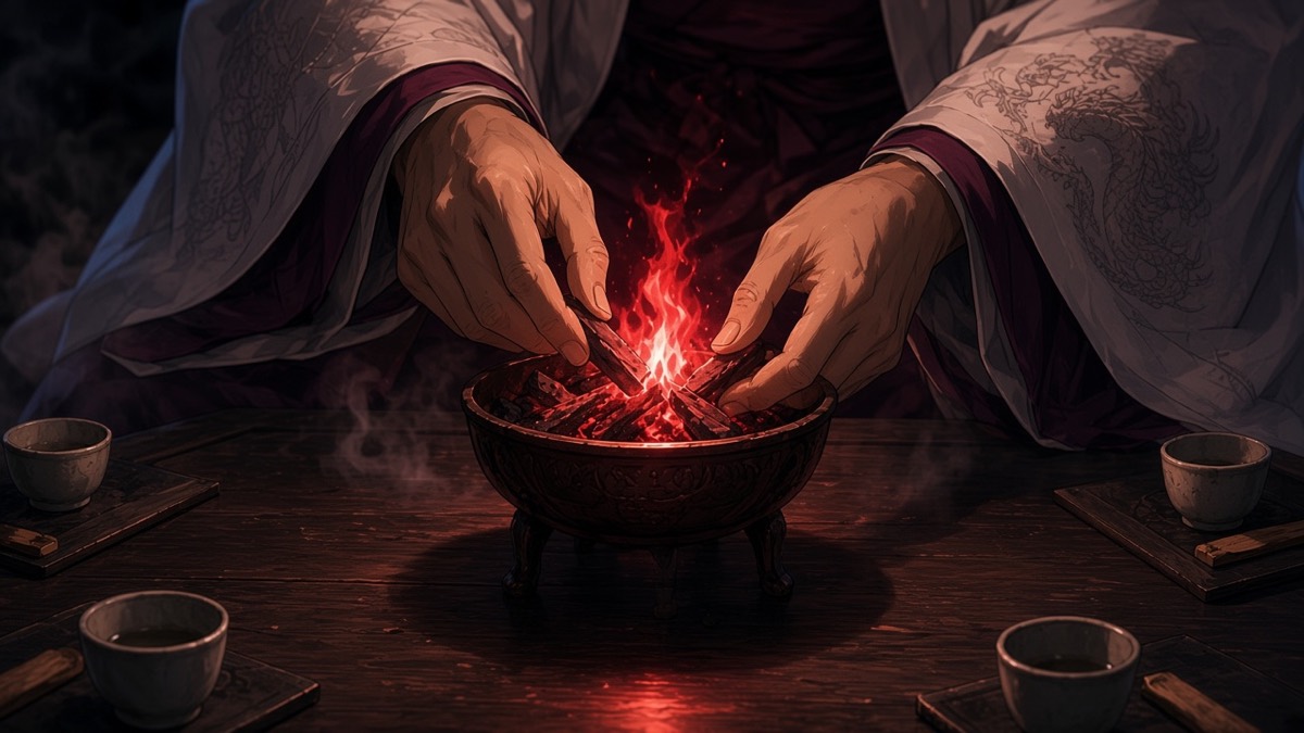 Hands light the small brazier — the flame is red first