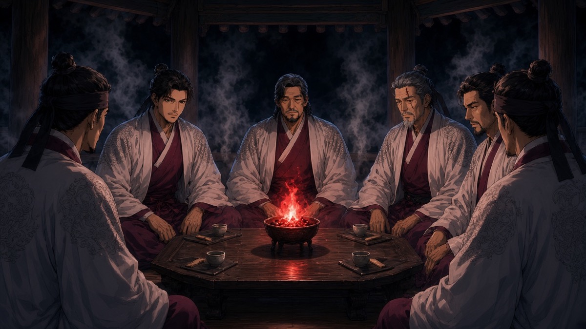 Locked pavilion: six men, mats, tea, wooden pieces, red brazier