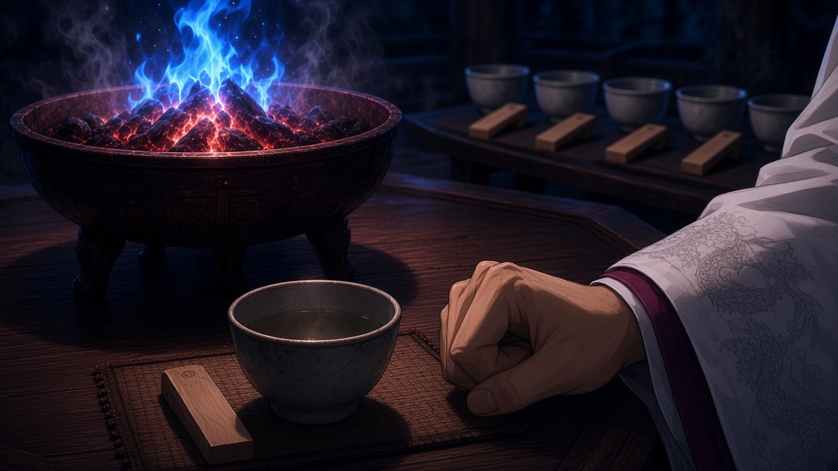 Bidam’s cup and wooden piece on the no side, piercing blue flame