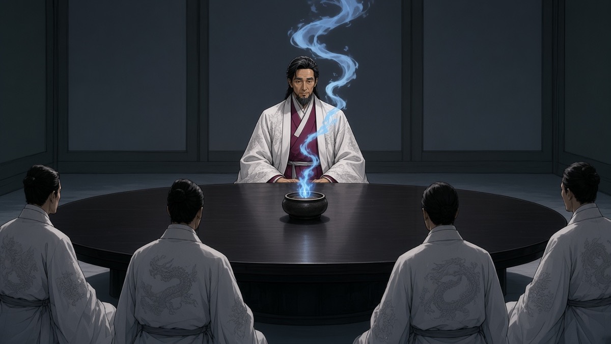 Premier Supum at the far side of the oval table, blue flame framing his face, white dragon-coat