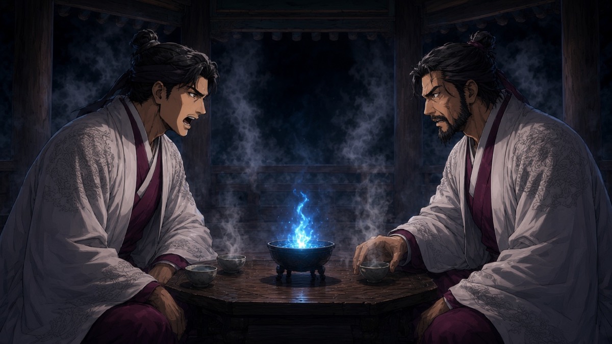 Bidam and Yushin across the low table, tea and blue flame between them