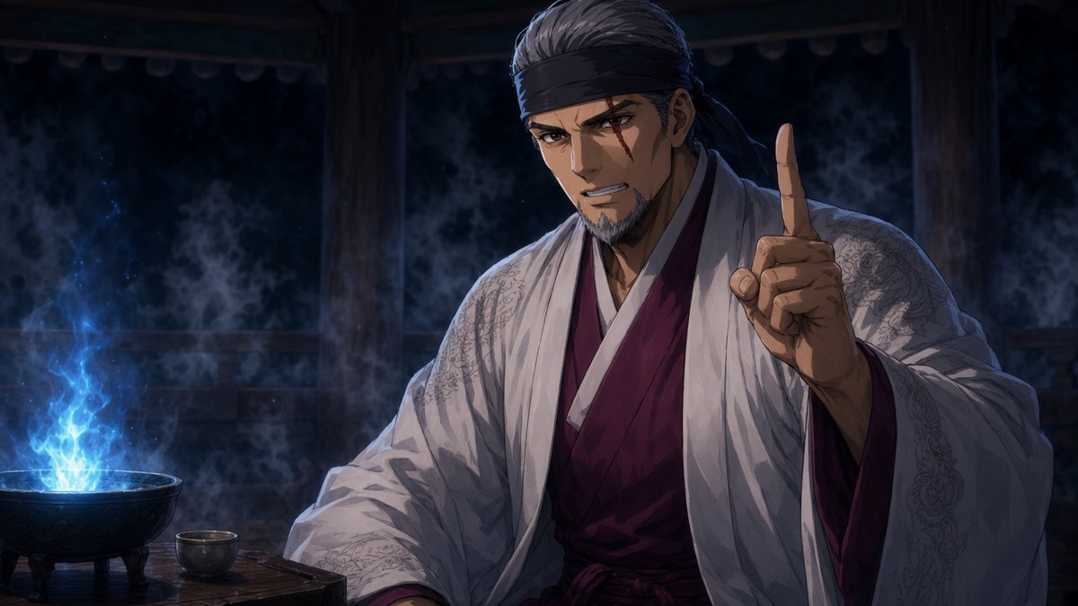 Alchun raises his hand in the dark pavilion — scar, tea, blue flame