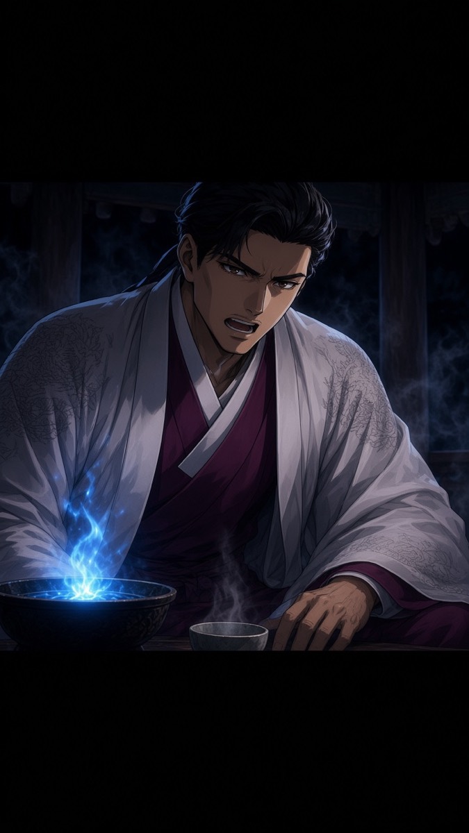 Bidam close — mid-speech, tea bowl, blue flame on his jaw, dark pavilion