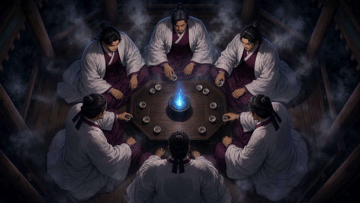 Top-down: low wooden table, tea bowls in a ring, blue flame, white dragon-coat shoulders