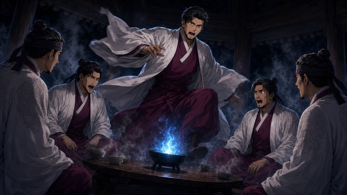 Bidam half-rises from the floor; tea bowls, blue flame, the others look up