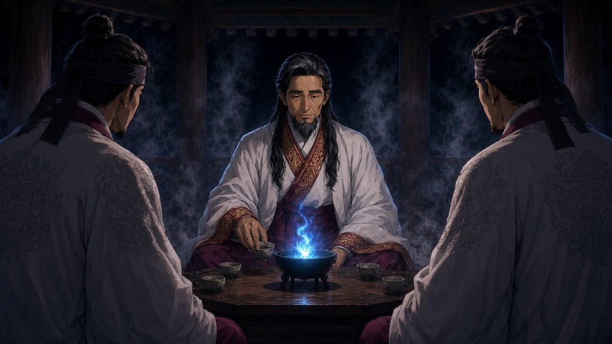 Premier Supum across the low table, tea and blue flame in a dark pavilion