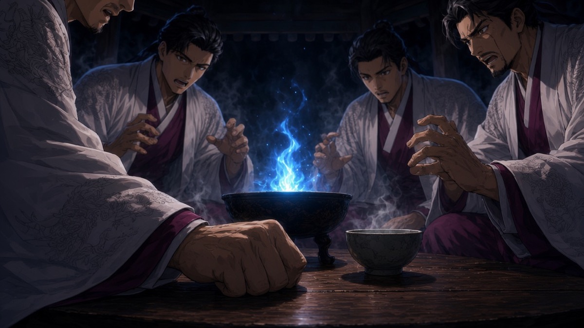 Five sleeves up around the blue flame; Bidam’s fist and a tea bowl stay down