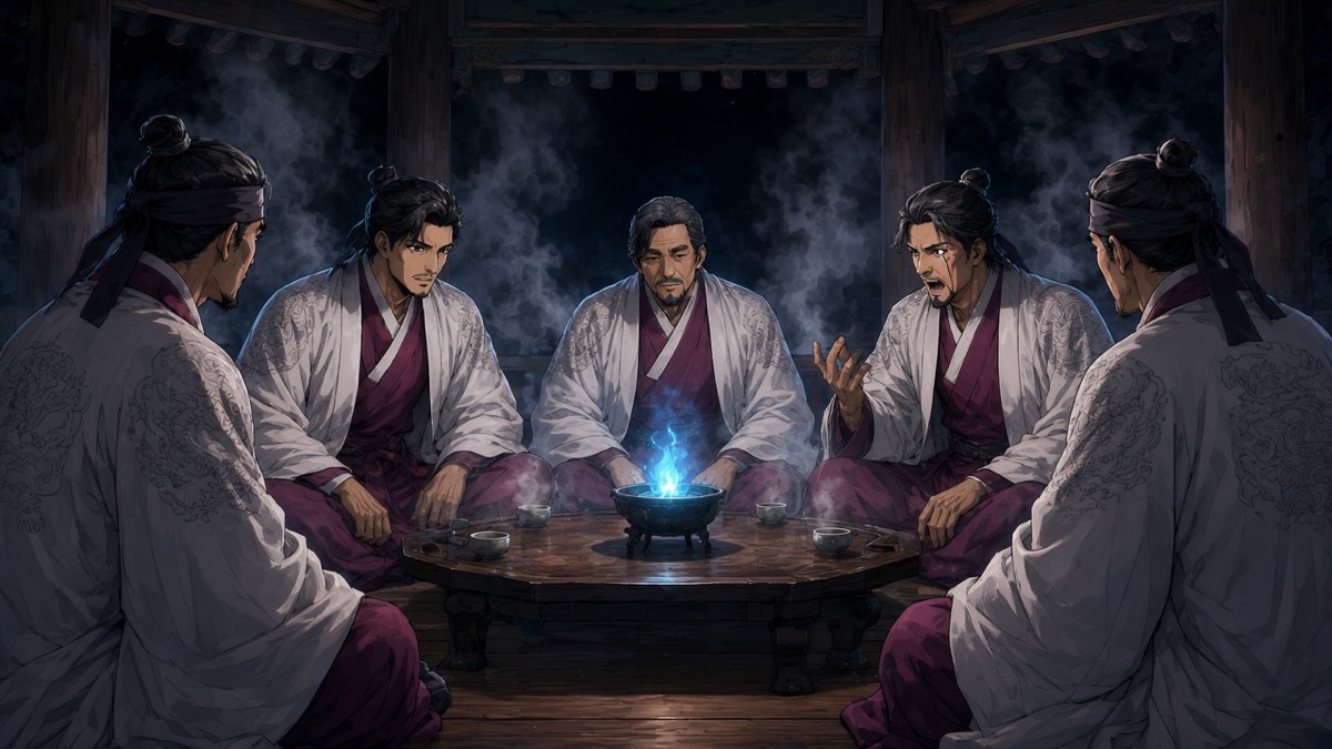 Night pavilion: six councillors on the floor around a low table, tea, blue flame, smoke