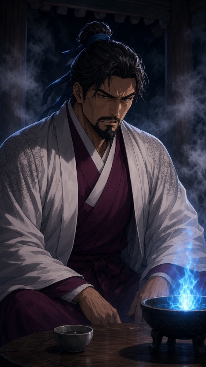 Yushin seated on the floor — beard, clenched jaw, blue flame, council coat