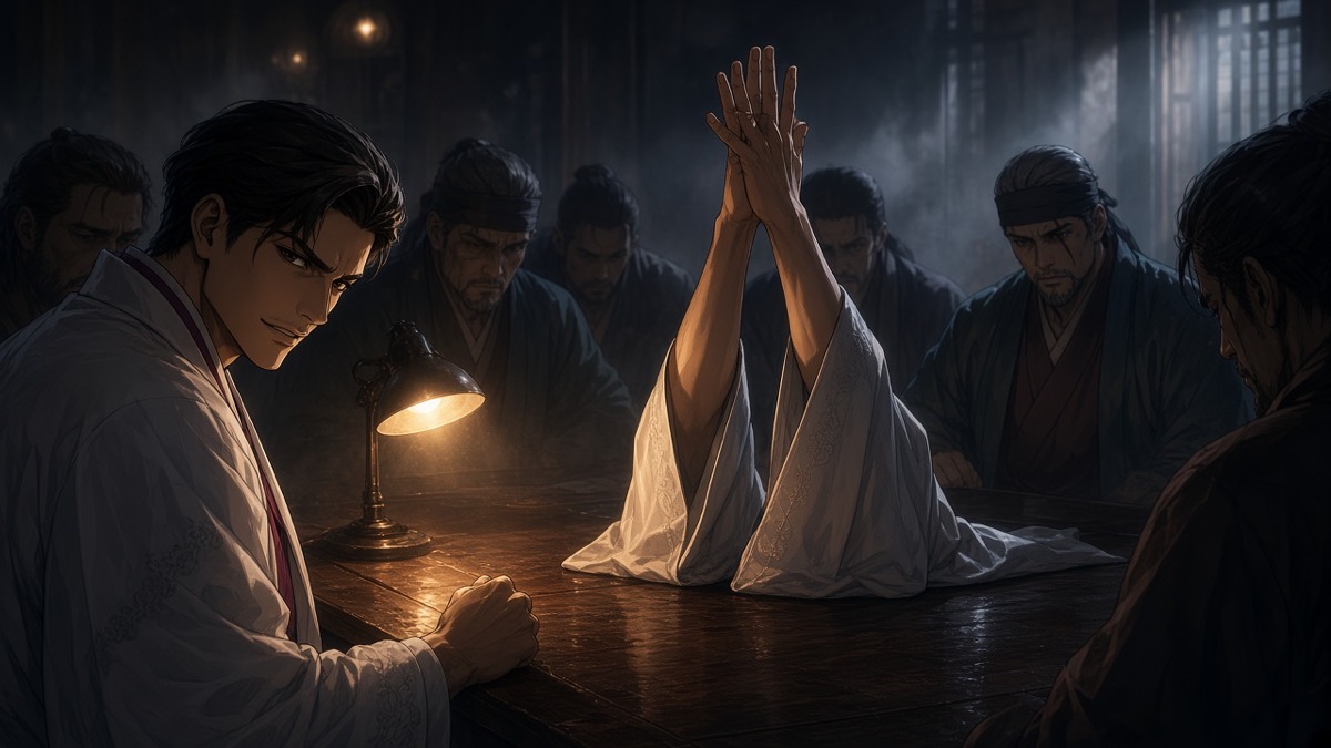 Five sleeves raised; Bidam’s fist still on the lamplit table